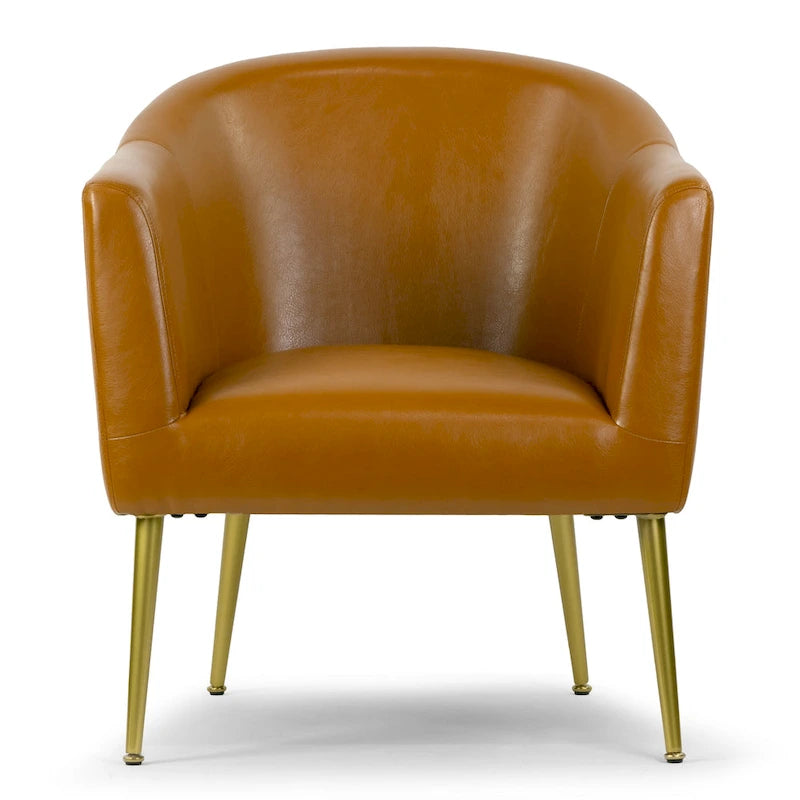 Poltrona singola in similpelle marrone con gambe in metallo color oro