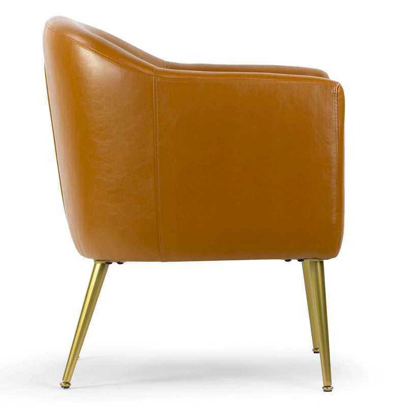 Poltrona singola in similpelle marrone con gambe in metallo color oro