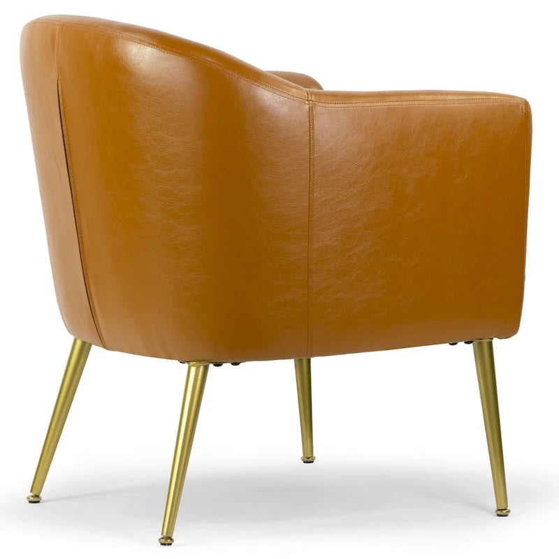 Poltrona singola in similpelle marrone con gambe in metallo color oro