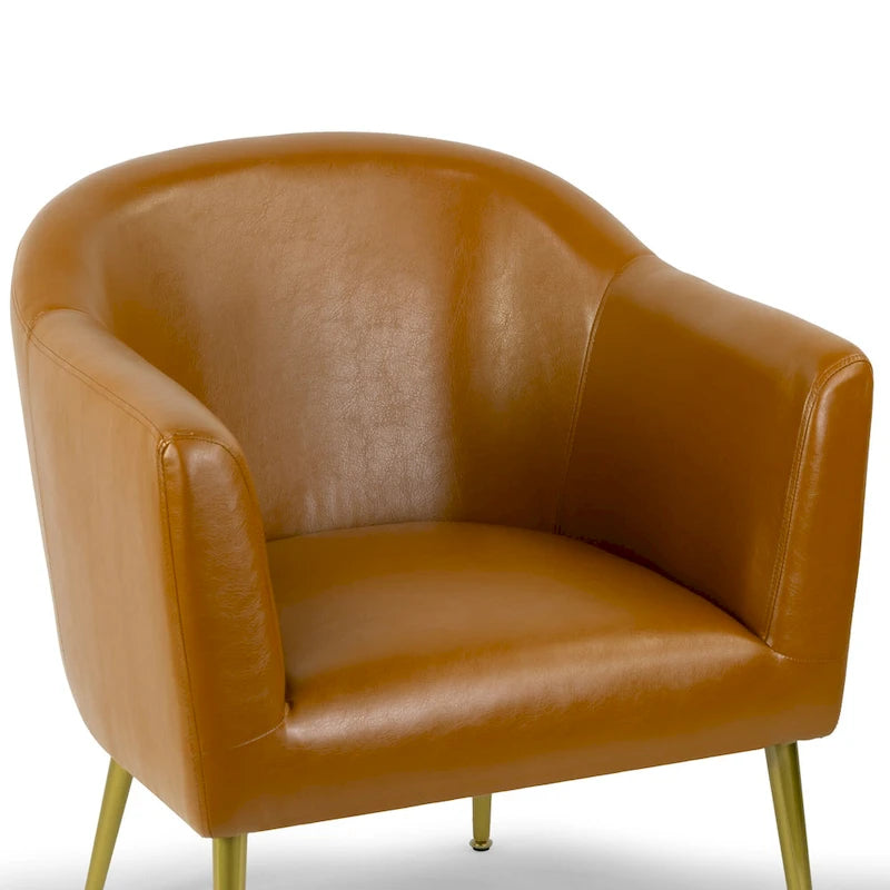 Poltrona singola in similpelle marrone con gambe in metallo color oro