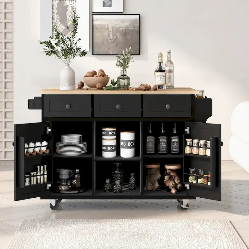 Carrello da Cucina/Isola in Bianco/Blu Grigio/Nero con Ante a Ribalta e 3 Cassetti, 2 Posti a Sedere