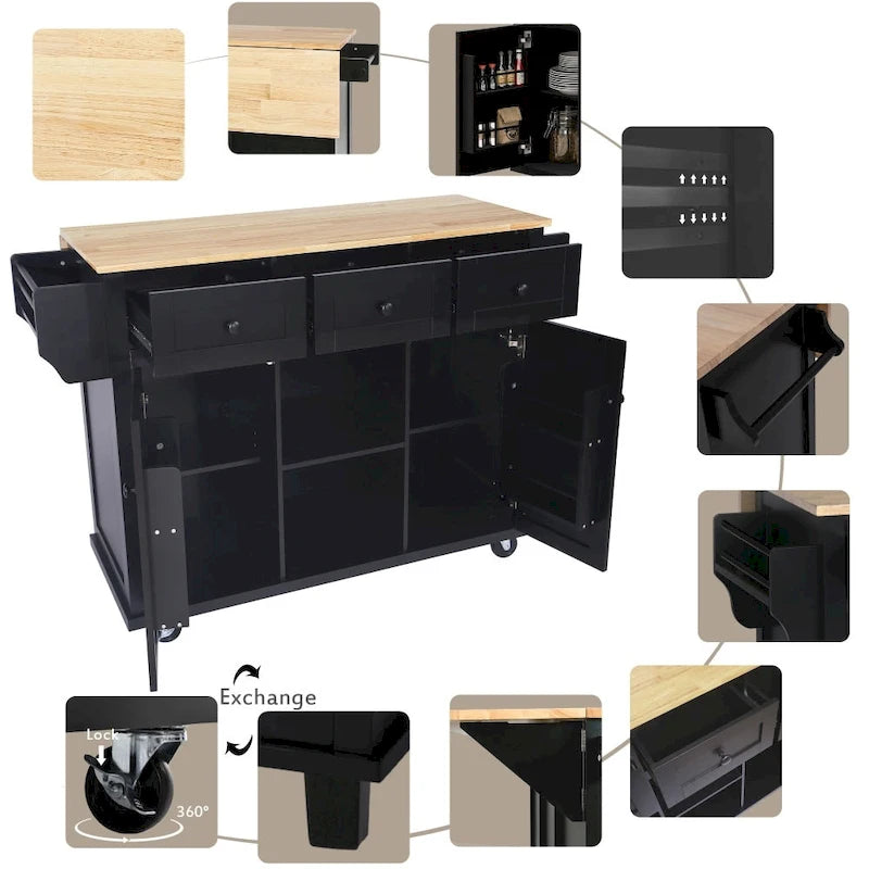 Carrello da Cucina/Isola in Bianco/Blu Grigio/Nero con Ante a Ribalta e 3 Cassetti, 2 Posti a Sedere