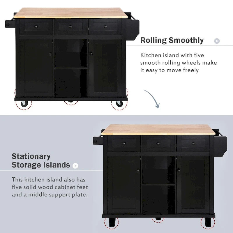 Carrello da Cucina/Isola in Bianco/Blu Grigio/Nero con Ante a Ribalta e 3 Cassetti, 2 Posti a Sedere