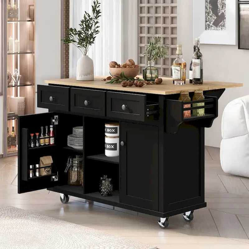 Carrello da Cucina/Isola in Bianco/Blu Grigio/Nero con Ante a Ribalta e 3 Cassetti, 2 Posti a Sedere