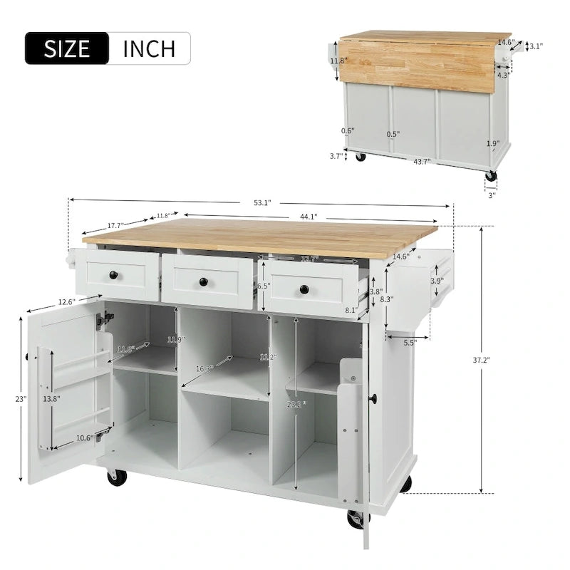 Carrello da Cucina/Isola in Bianco/Blu Grigio/Nero con Ante a Ribalta e 3 Cassetti, 2 Posti a Sedere