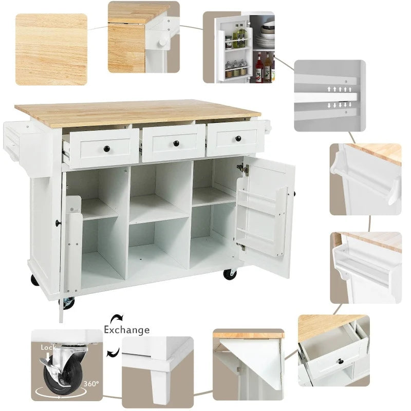 Carrello da Cucina/Isola in Bianco/Blu Grigio/Nero con Ante a Ribalta e 3 Cassetti, 2 Posti a Sedere