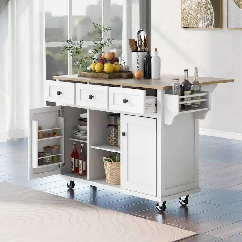 Carrello da Cucina/Isola in Bianco/Blu Grigio/Nero con Ante a Ribalta e 3 Cassetti, 2 Posti a Sedere
