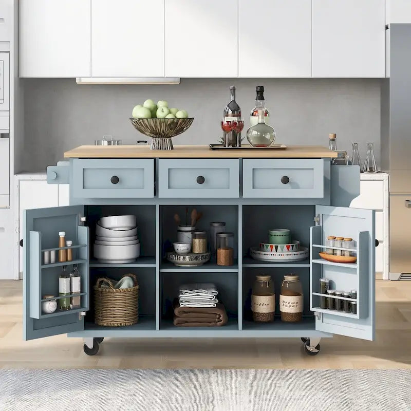 Carrello da Cucina/Isola in Bianco/Blu Grigio/Nero con Ante a Ribalta e 3 Cassetti, 2 Posti a Sedere