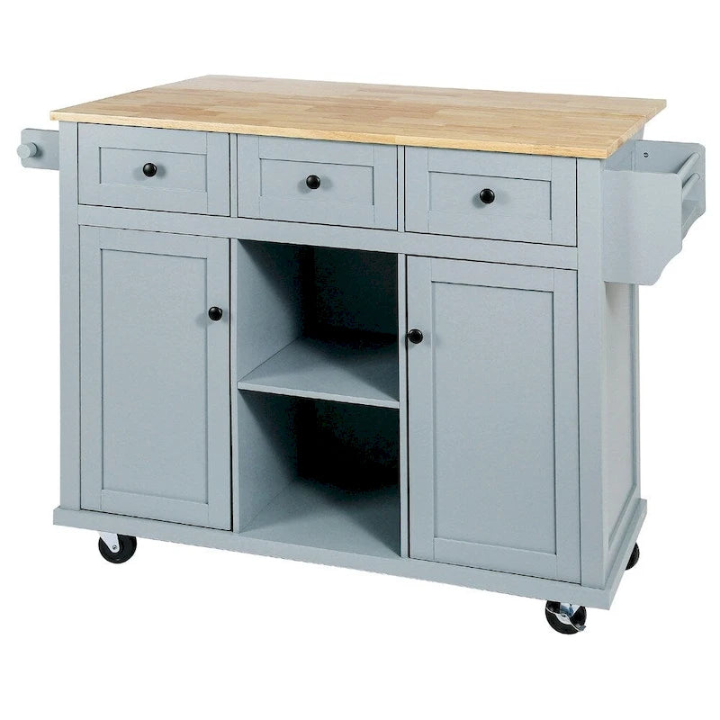 Carrello da Cucina/Isola in Bianco/Blu Grigio/Nero con Ante a Ribalta e 3 Cassetti, 2 Posti a Sedere