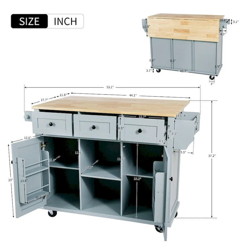 Carrello da Cucina/Isola in Bianco/Blu Grigio/Nero con Ante a Ribalta e 3 Cassetti, 2 Posti a Sedere