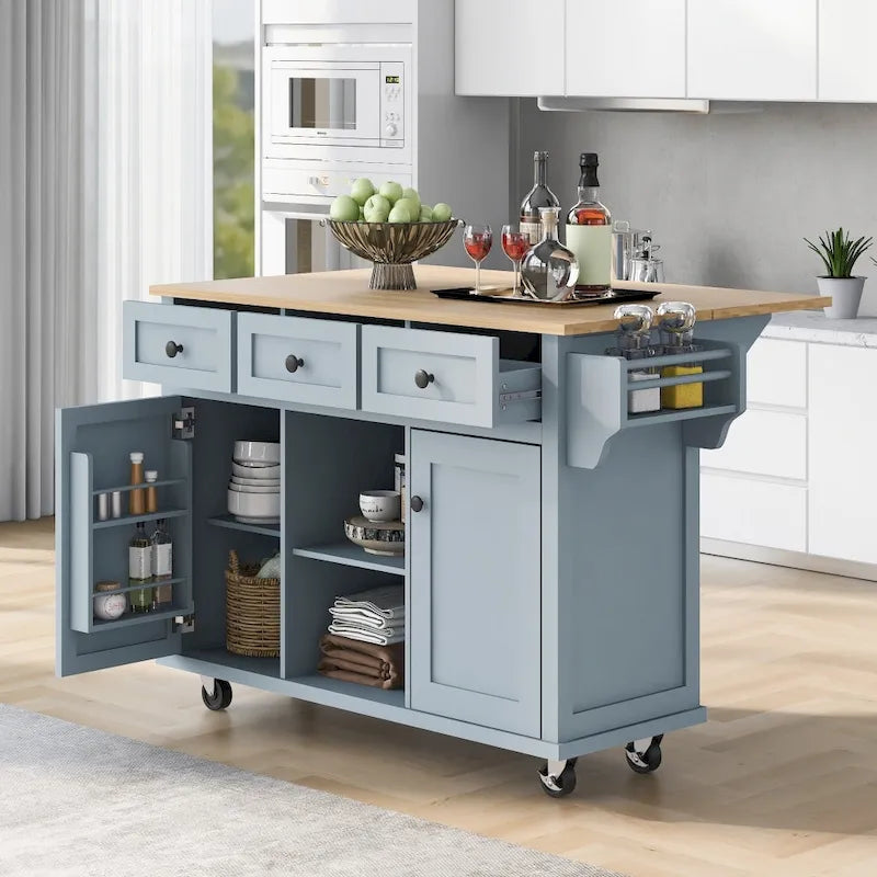 Carrello da Cucina/Isola in Bianco/Blu Grigio/Nero con Ante a Ribalta e 3 Cassetti, 2 Posti a Sedere