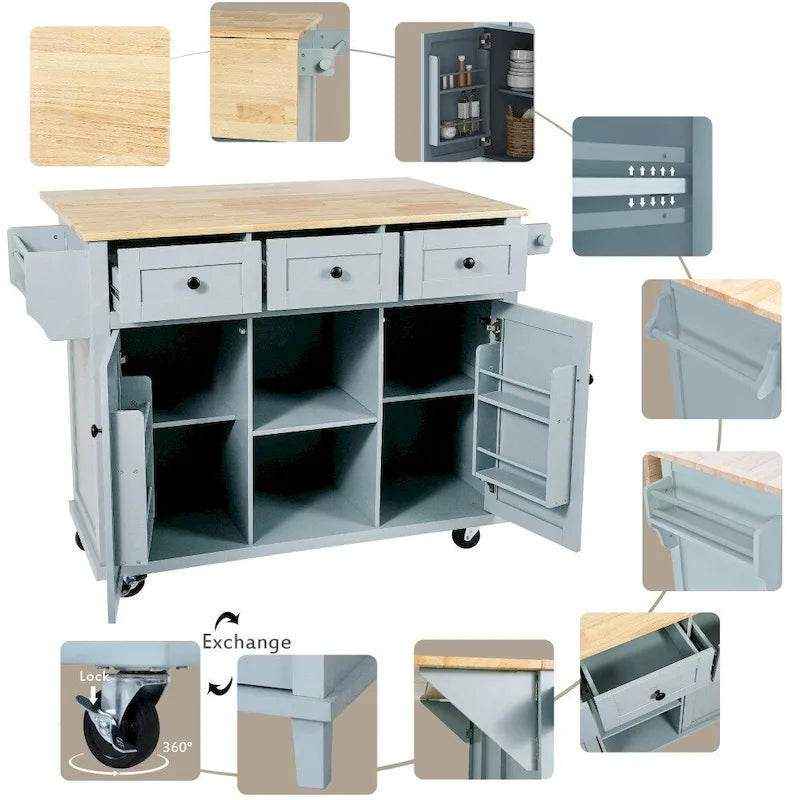 Carrello da Cucina/Isola in Bianco/Blu Grigio/Nero con Ante a Ribalta e 3 Cassetti, 2 Posti a Sedere