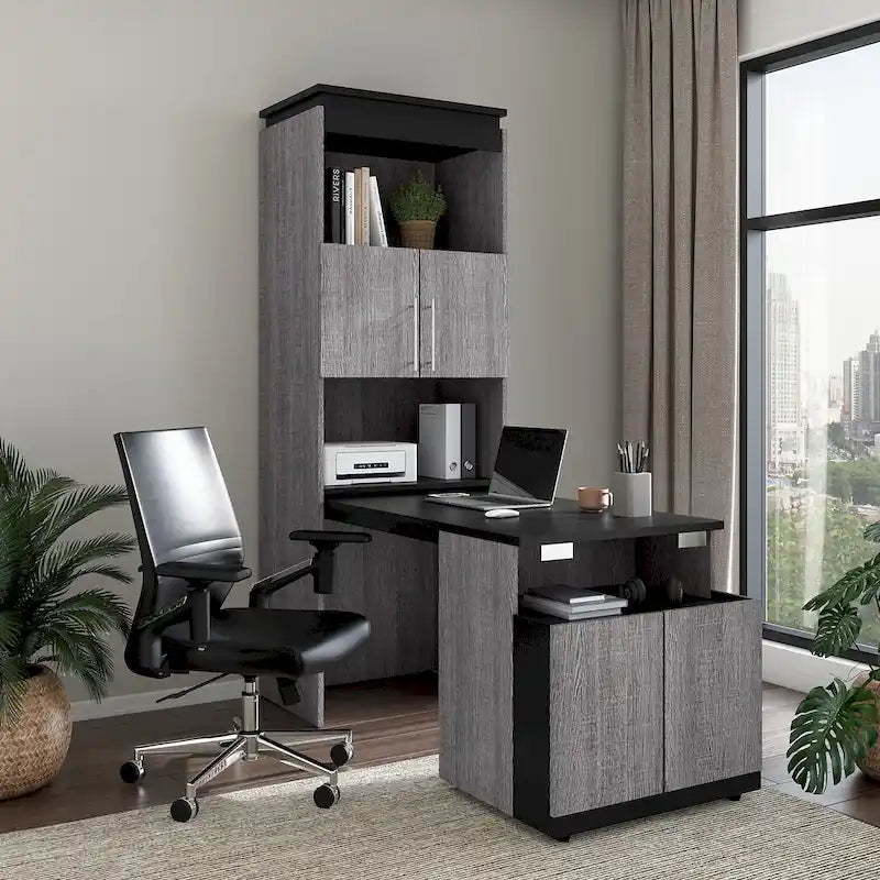 Mobile contenitore alto Bark grigio/bianco con scrivania pieghevole, 1 persona