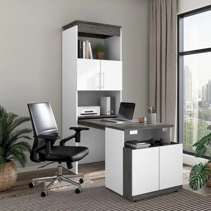 Mobile contenitore alto Bark grigio/bianco con scrivania pieghevole, 1 persona