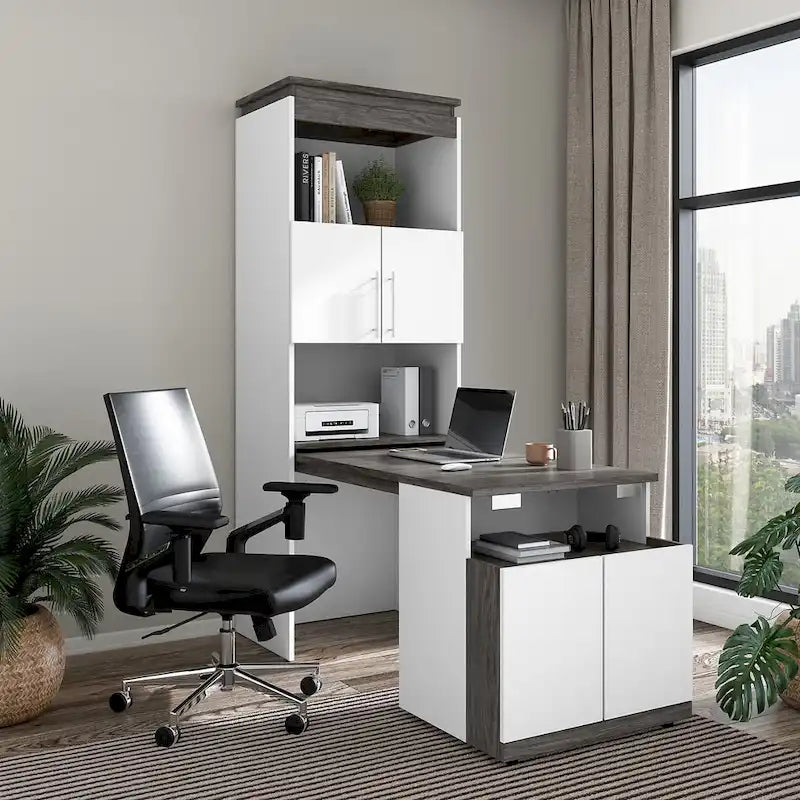 Mobile contenitore alto Bark grigio/bianco con scrivania pieghevole, 1 persona