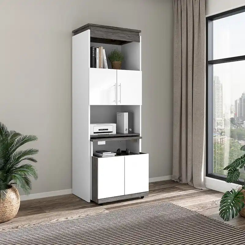 Mobile contenitore alto Bark grigio/bianco con scrivania pieghevole, 1 persona