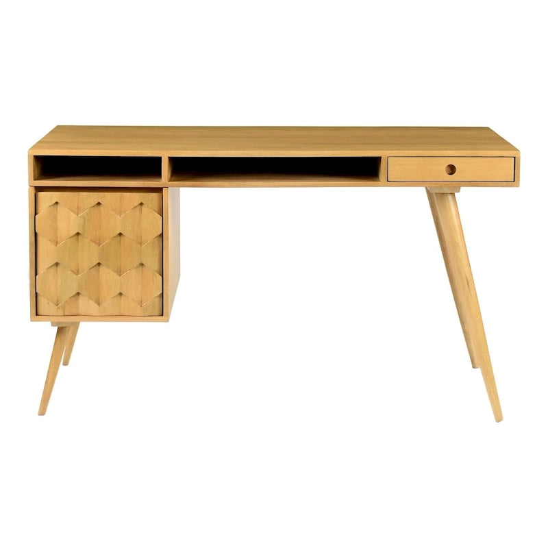 Scrivania Mid-Century Modern Marrone Naturale / Bianca / Rovere Chiaro – 2 Cassetti