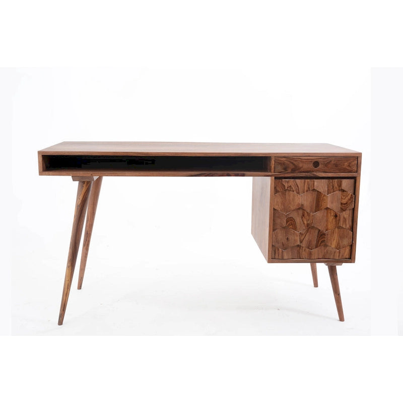 Scrivania Mid-Century Modern Marrone Naturale / Bianca / Rovere Chiaro – 2 Cassetti