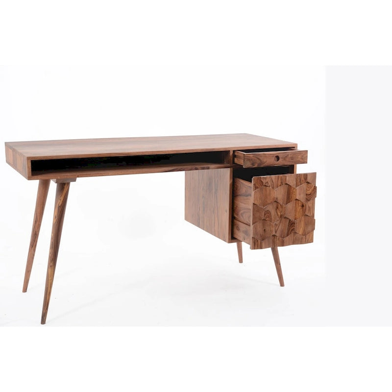 Scrivania Mid-Century Modern Marrone Naturale / Bianca / Rovere Chiaro – 2 Cassetti