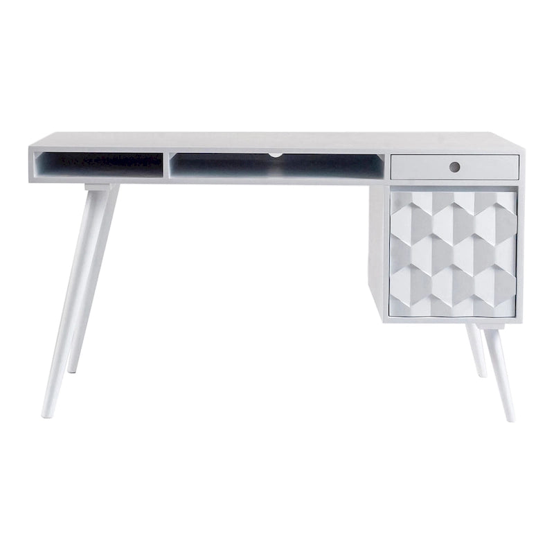 Scrivania Mid-Century Modern Marrone Naturale / Bianca / Rovere Chiaro – 2 Cassetti