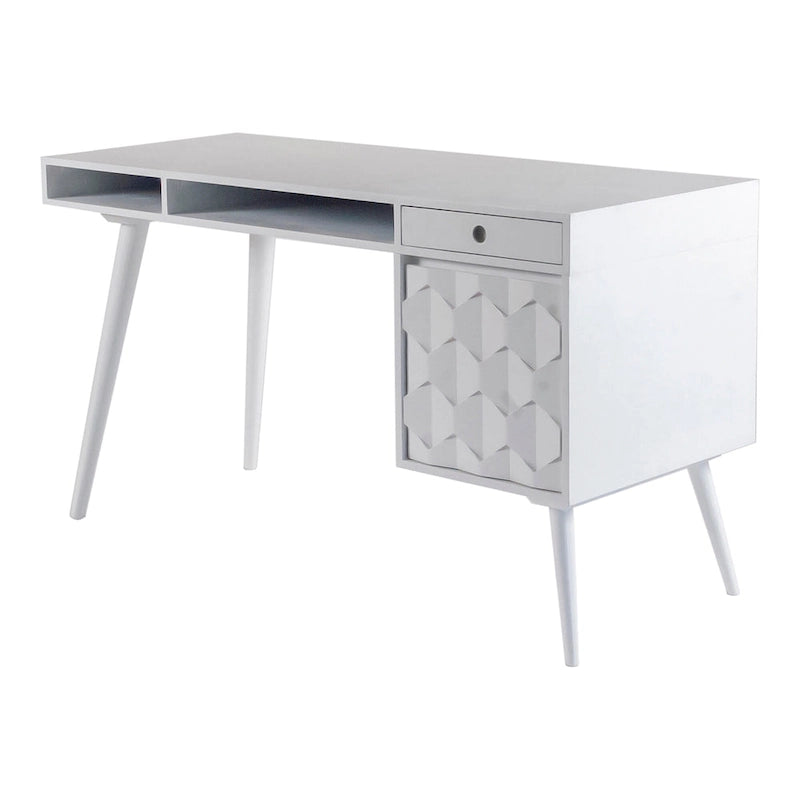 Scrivania Mid-Century Modern Marrone Naturale / Bianca / Rovere Chiaro – 2 Cassetti