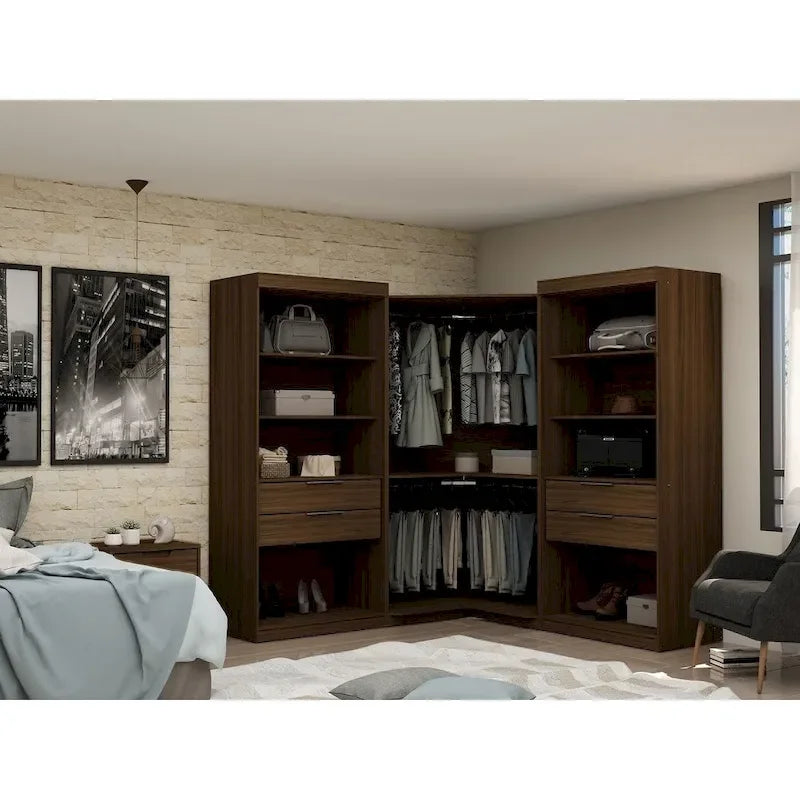 Armadio ad angolo aperto Midnight Blue / Marrone / Bianco, set modulare da 3 pezzi
