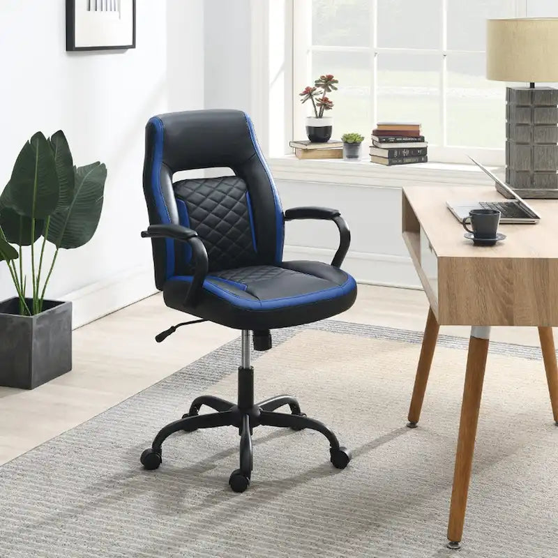 Sedia da ufficio imbottita monoposto nera/blu e nera/grigia con braccioli imbottiti
