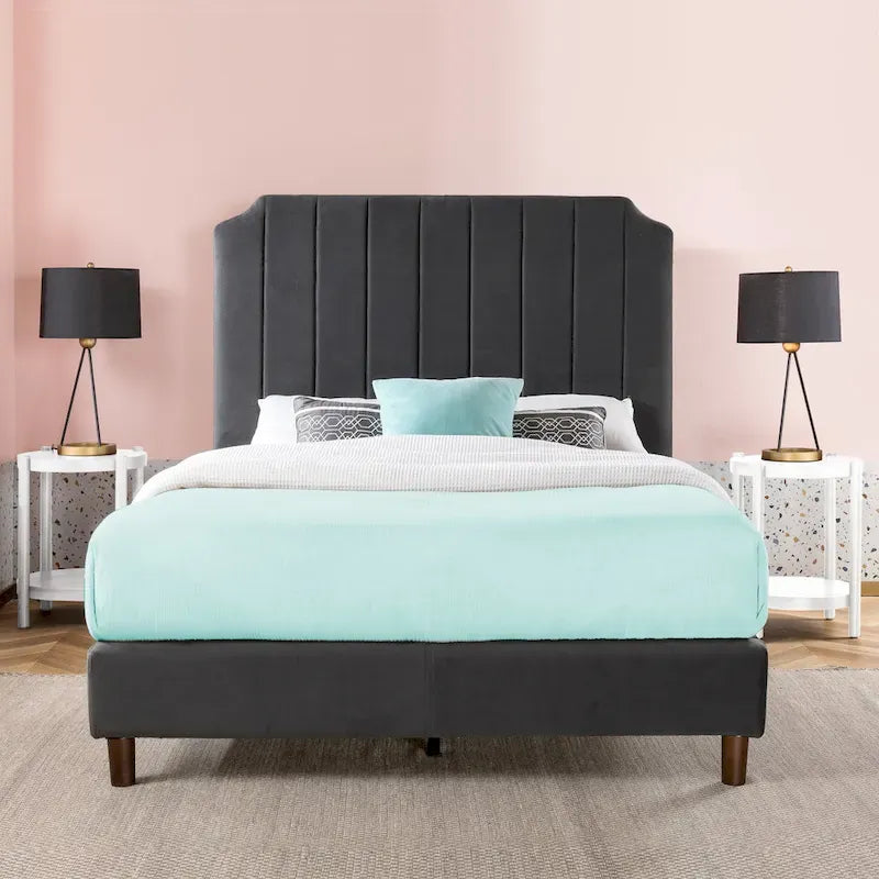 Struttura letto a piattaforma imbottita in velluto nero ardesia, 1-2 persone