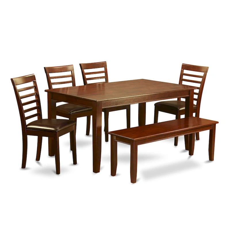 Set sala da pranzo in mogano da 6 pezzi – Tavolo rettangolare, 4 sedie e panca (6 posti)