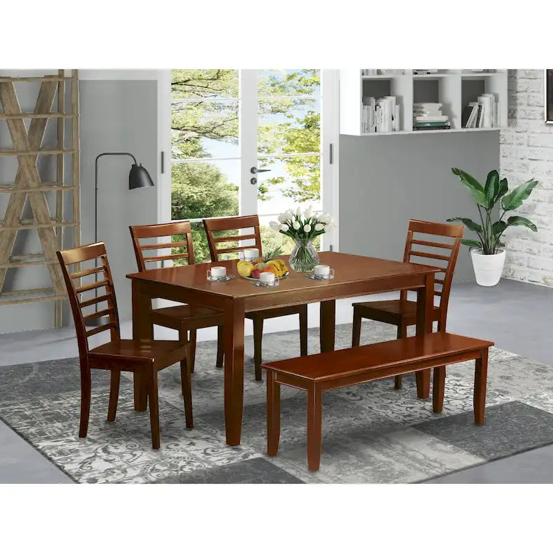 Set sala da pranzo in mogano da 6 pezzi – Tavolo rettangolare, 4 sedie e panca (6 posti)
