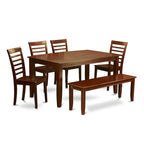 Set sala da pranzo in mogano da 6 pezzi – Tavolo rettangolare, 4 sedie e panca (6 posti)