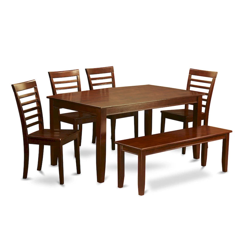 Set sala da pranzo in mogano da 6 pezzi – Tavolo rettangolare, 4 sedie e panca (6 posti)