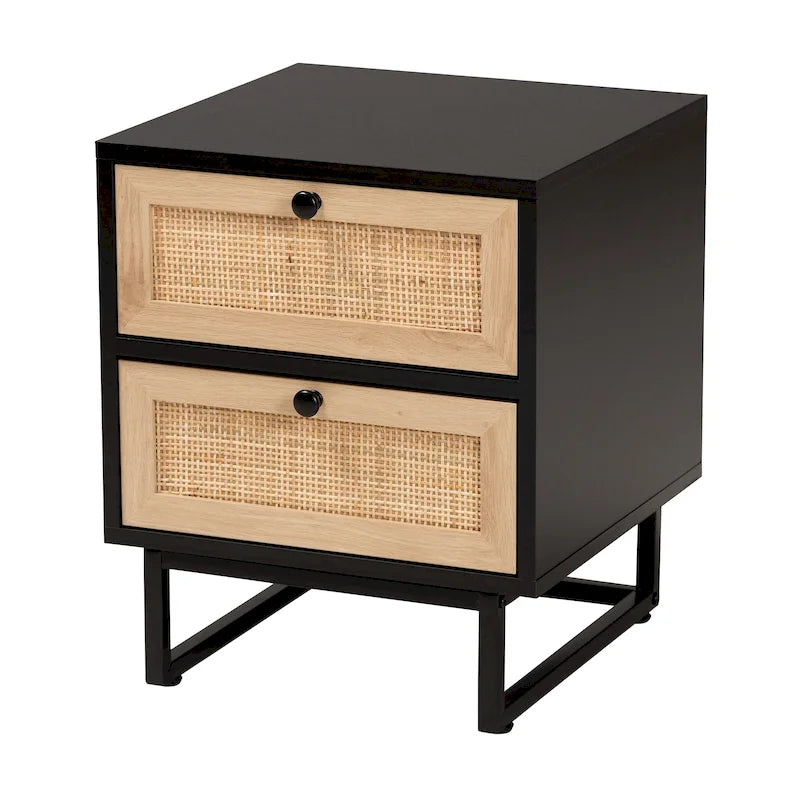 Tavolino in Espresso Marrone e Nero stile Mid-Century con Cassetti in Rattan