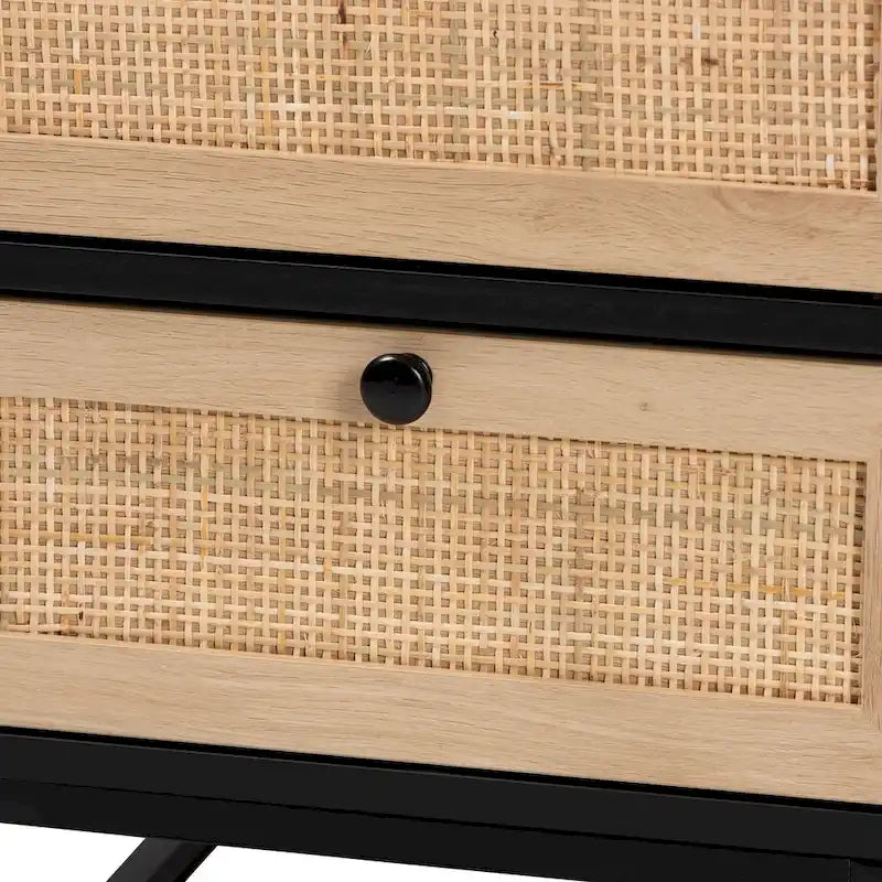 Tavolino in Espresso Marrone e Nero stile Mid-Century con Cassetti in Rattan