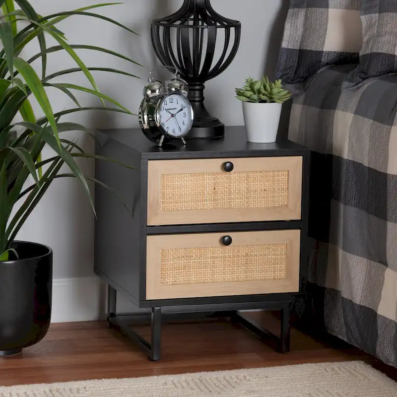Tavolino in Espresso Marrone e Nero stile Mid-Century con Cassetti in Rattan