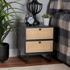 Tavolino in Espresso Marrone e Nero stile Mid-Century con Cassetti in Rattan