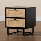 Tavolino in Espresso Marrone e Nero stile Mid-Century con Cassetti in Rattan