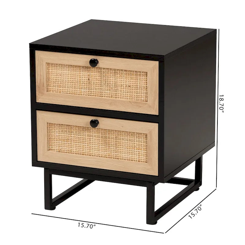 Tavolino in Espresso Marrone e Nero stile Mid-Century con Cassetti in Rattan
