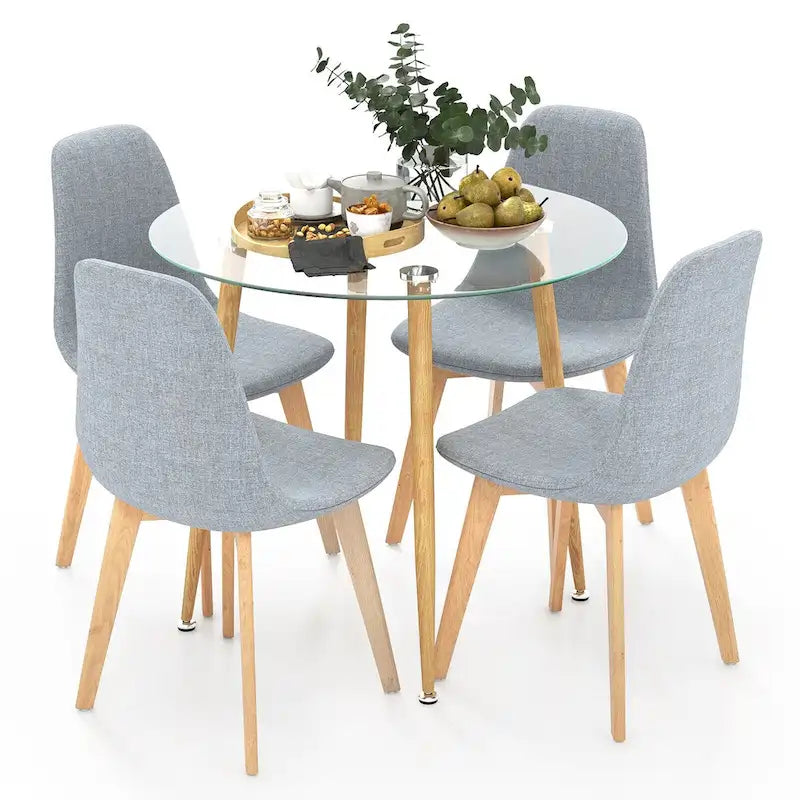 Set tavolo da pranzo rotondo grigio in vetro temperato con 4 sedie in tessuto, 4 posti