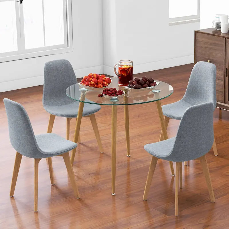 Set tavolo da pranzo rotondo grigio in vetro temperato con 4 sedie in tessuto, 4 posti