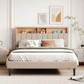 Letto a piattaforma in lino beige/marrone con testiera contenitore e stazione di ricarica – Queen/Full, 1–2 persone