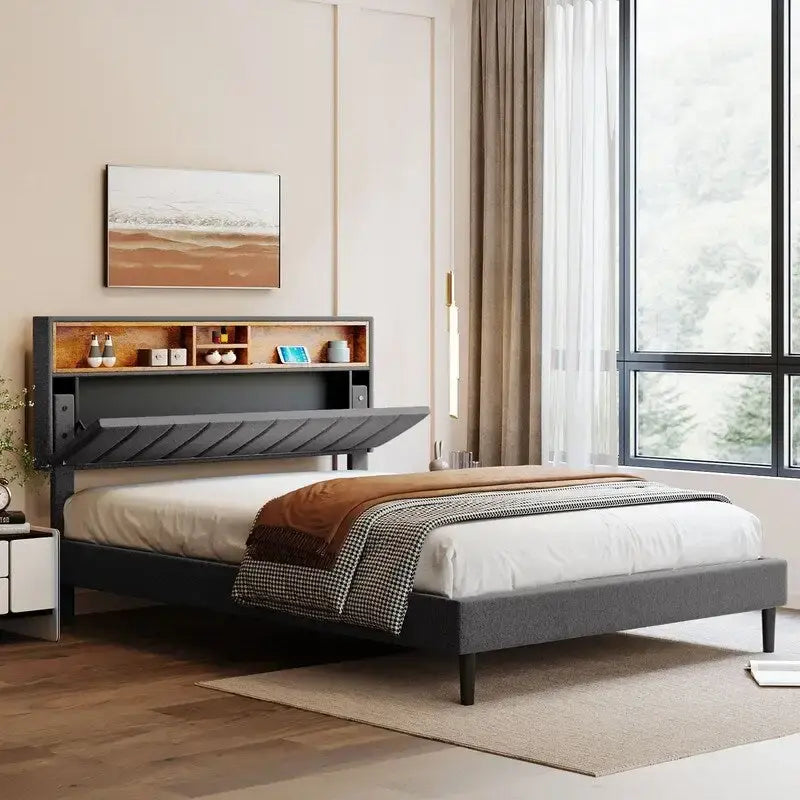 Letto a piattaforma in lino beige/marrone con testiera contenitore e stazione di ricarica – Queen/Full, 1–2 persone