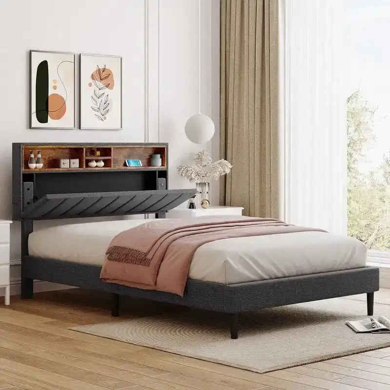 Letto a piattaforma in lino beige/marrone con testiera contenitore e stazione di ricarica – Queen/Full, 1–2 persone