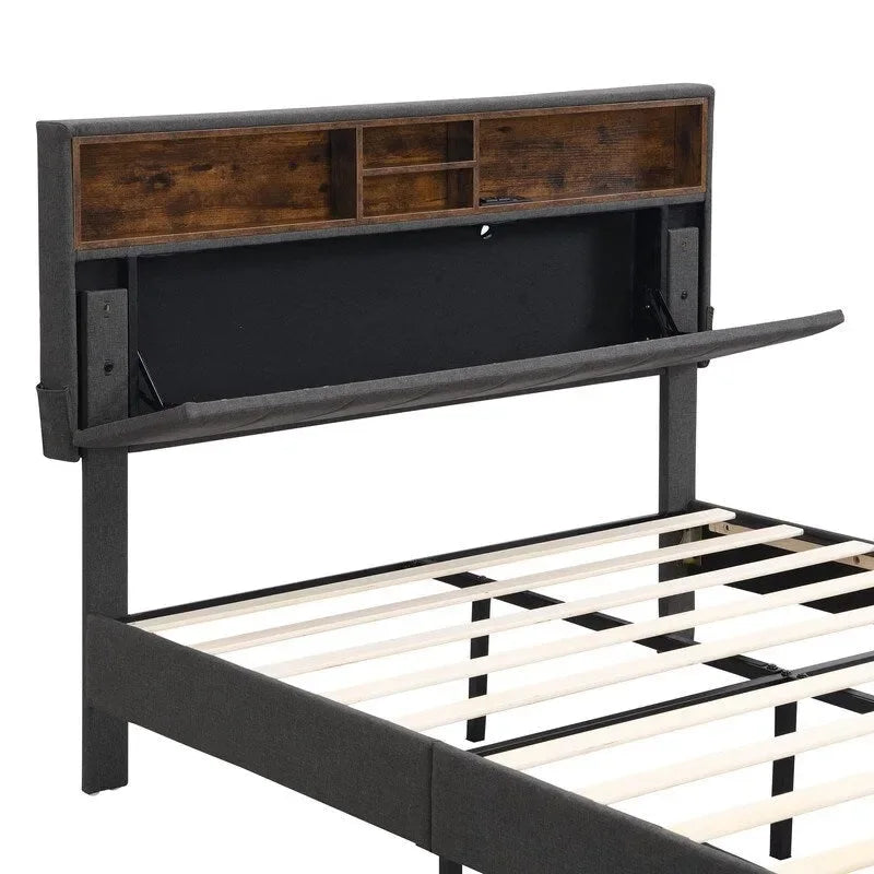 Letto a piattaforma in lino beige/marrone con testiera contenitore e stazione di ricarica – Queen/Full, 1–2 persone