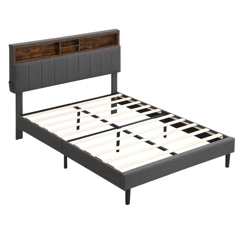Letto a piattaforma in lino beige/marrone con testiera contenitore e stazione di ricarica – Queen/Full, 1–2 persone