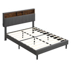 Letto a piattaforma in lino beige/marrone con testiera contenitore e stazione di ricarica – Queen/Full, 1–2 persone