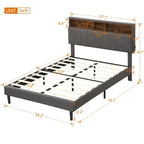 Letto a piattaforma in lino beige/marrone con testiera contenitore e stazione di ricarica – Queen/Full, 1–2 persone