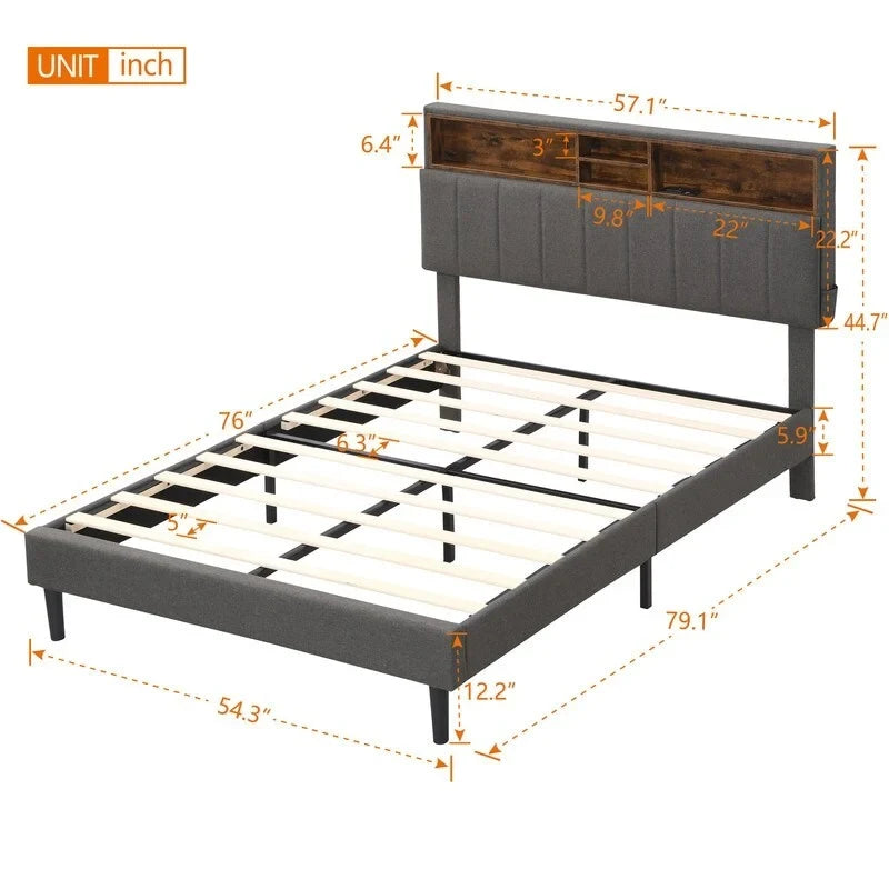 Letto a piattaforma in lino beige/marrone con testiera contenitore e stazione di ricarica – Queen/Full, 1–2 persone