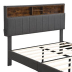 Letto a piattaforma in lino beige/marrone con testiera contenitore e stazione di ricarica – Queen/Full, 1–2 persone