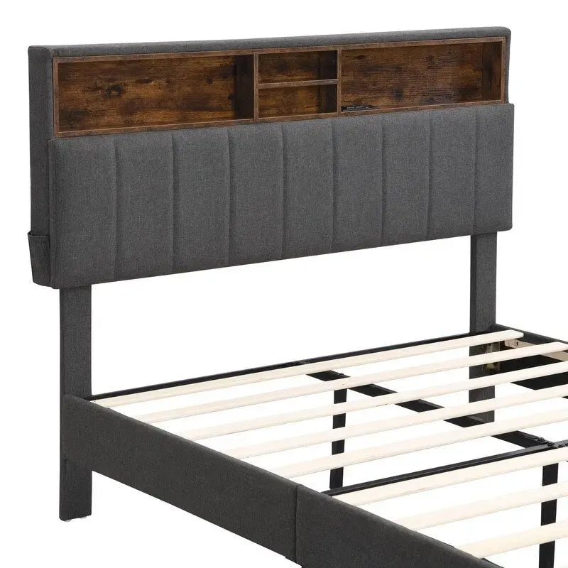 Letto a piattaforma in lino beige/marrone con testiera contenitore e stazione di ricarica – Queen/Full, 1–2 persone